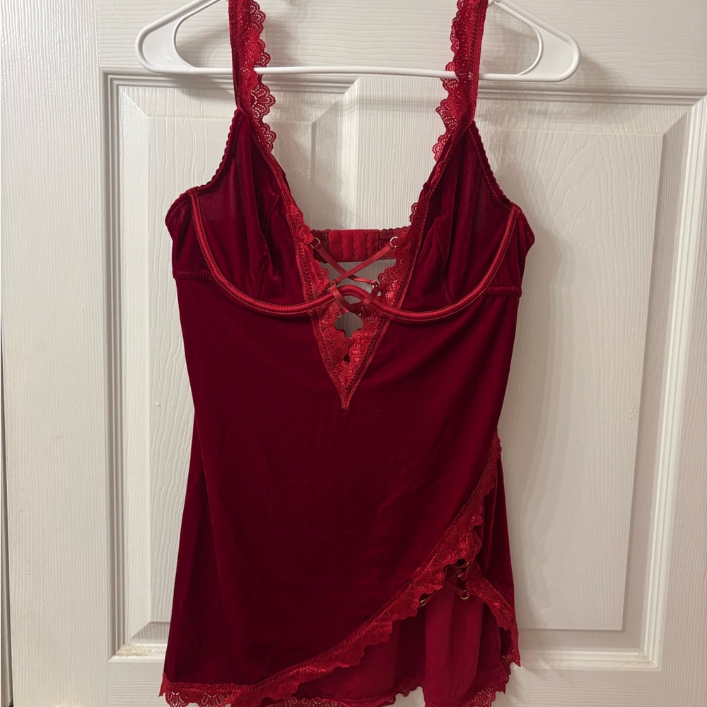 Fashion Nova Deep Red Lace-Trim Chemise with Crisscross Front